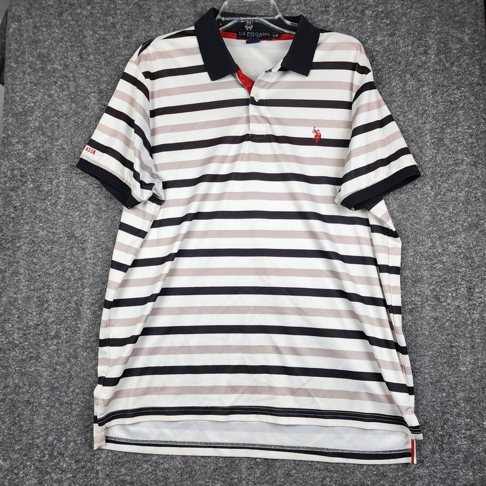 U.S. Polo Assn Polo Shirt Men Large White Striped Short Sleeve Stretch Logo
